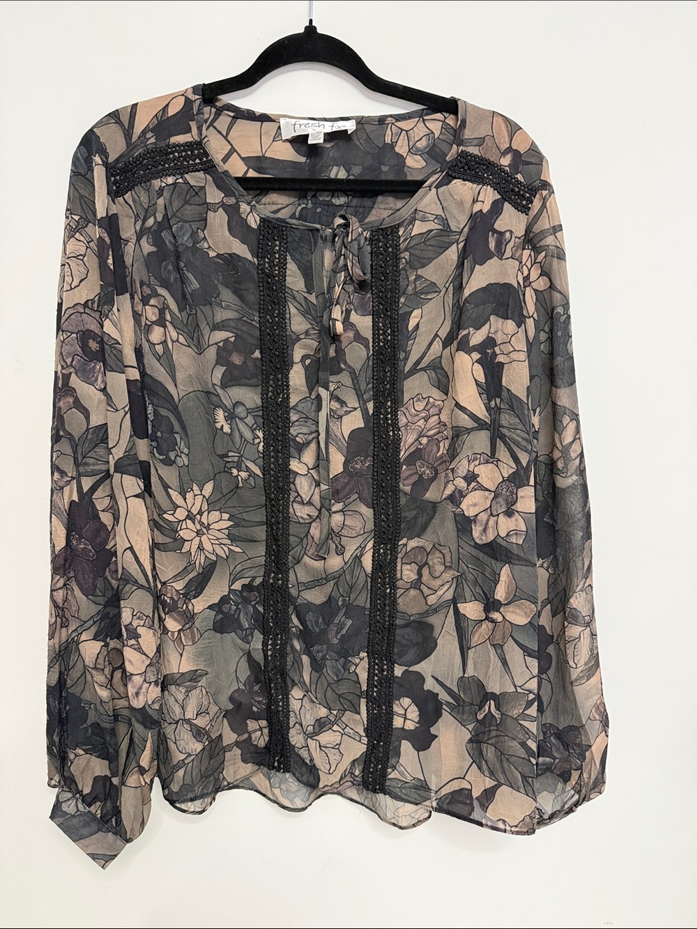 fresh produce Sheer Floral Tie-Front Tunic in Black and Taupe